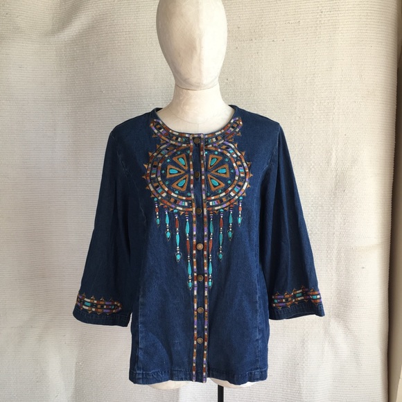 Bob Mackie Vintage Embroidered Denim Shirt Jacket - Picture 8 of 8
